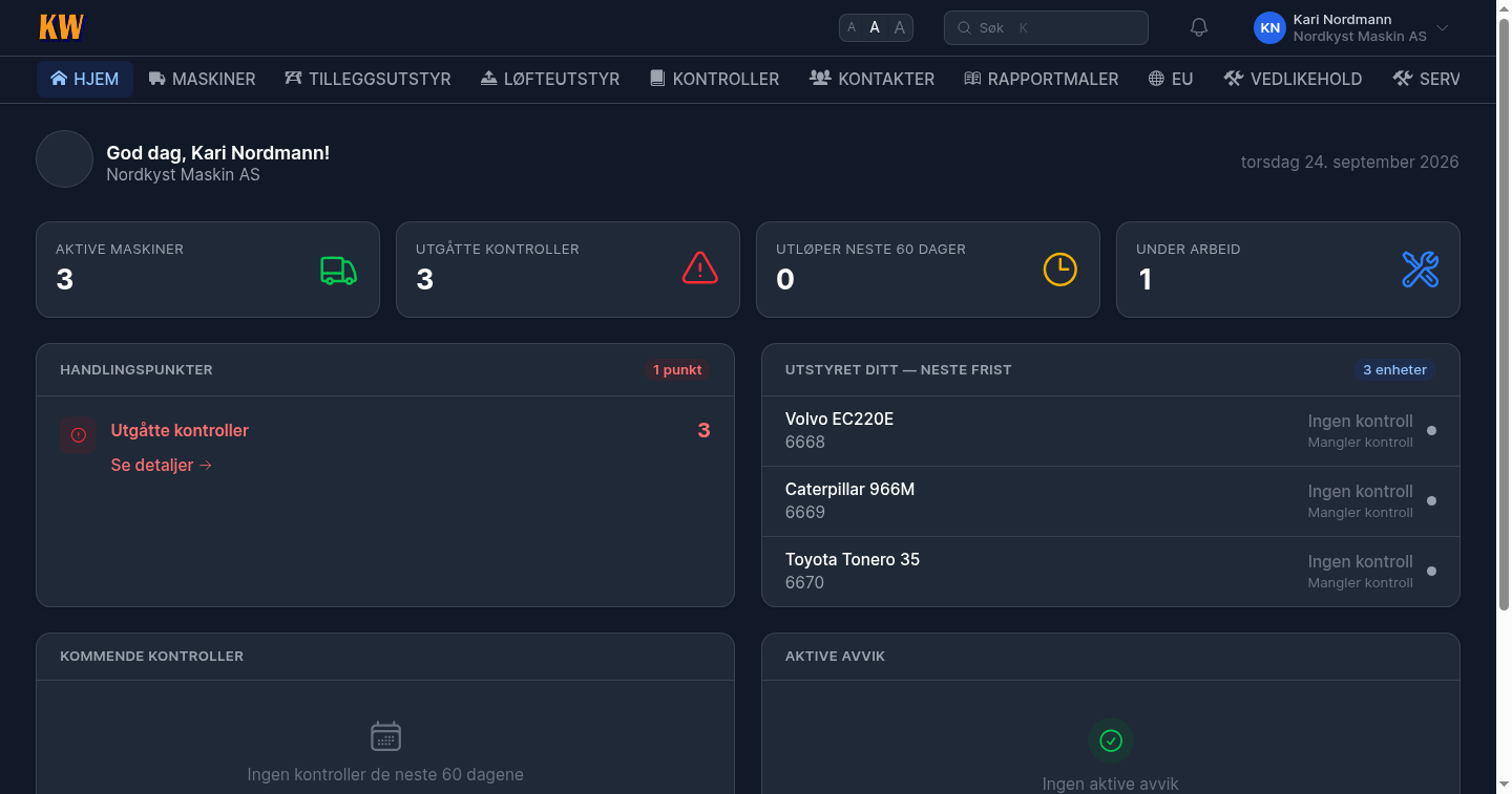 Dashbordet i Kontrollweb med kontrollfrister, aktive maskiner og snarveier