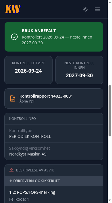 QR-kontrollboken på mobil: kontrollstatus «Bruk anbefalt», kontrolldato, neste kontrollfrist, kontrollrapport og avvik