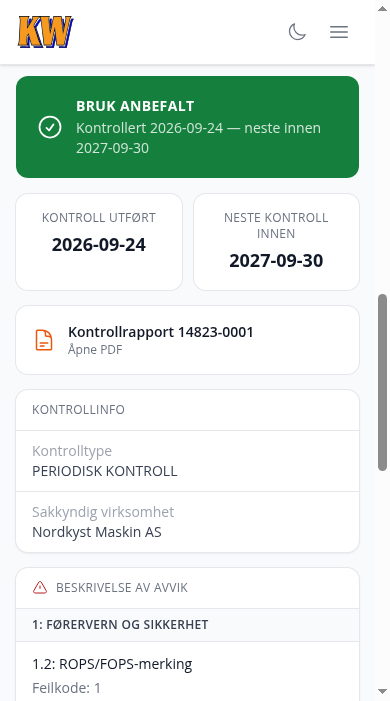 QR-kontrollboken på mobil: kontrollstatus «Bruk anbefalt», kontrolldato, neste kontrollfrist, kontrollrapport og avvik